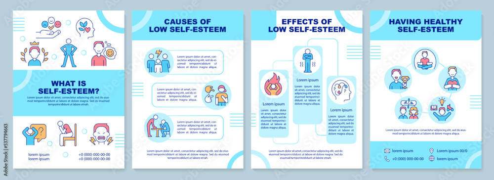 Self esteem blue brochure template. Mental health. Leaflet design with linear icons. Editable 4 vector layouts for presentation, annual reports. Arial-Black, Myriad Pro-Regular fonts used