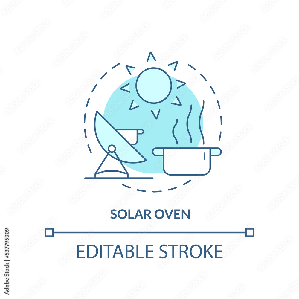 Solar oven turquoise concept icon. Alternative sources. Parabolic cooker. Sun heater abstract idea thin line illustration. Isolated outline drawing. Editable stroke. Arial, Myriad Pro-Bold fonts used Solar oven turquoise concept icon. Alternative sources. Parabolic cooker. Sun heater abstract idea thin line illustration. Isolated outline drawing. Editable stroke. Arial, Myriad Pro-Bold fonts used