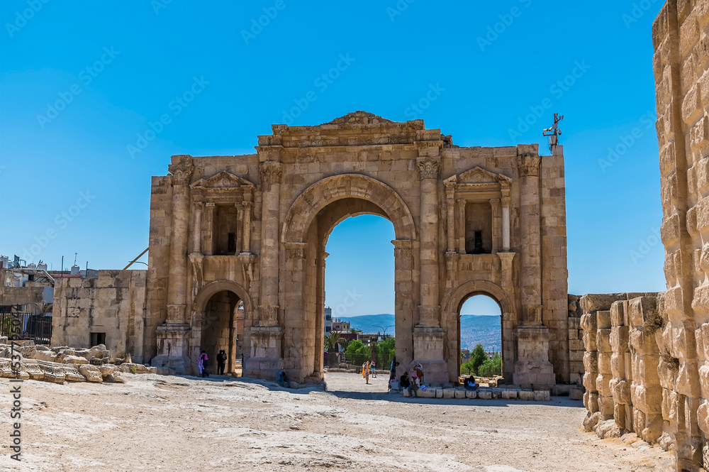 A view towards the rear of Hadrians Arch in the ancient Roman settlement of Gerasa in Jerash, Jordan in summertime