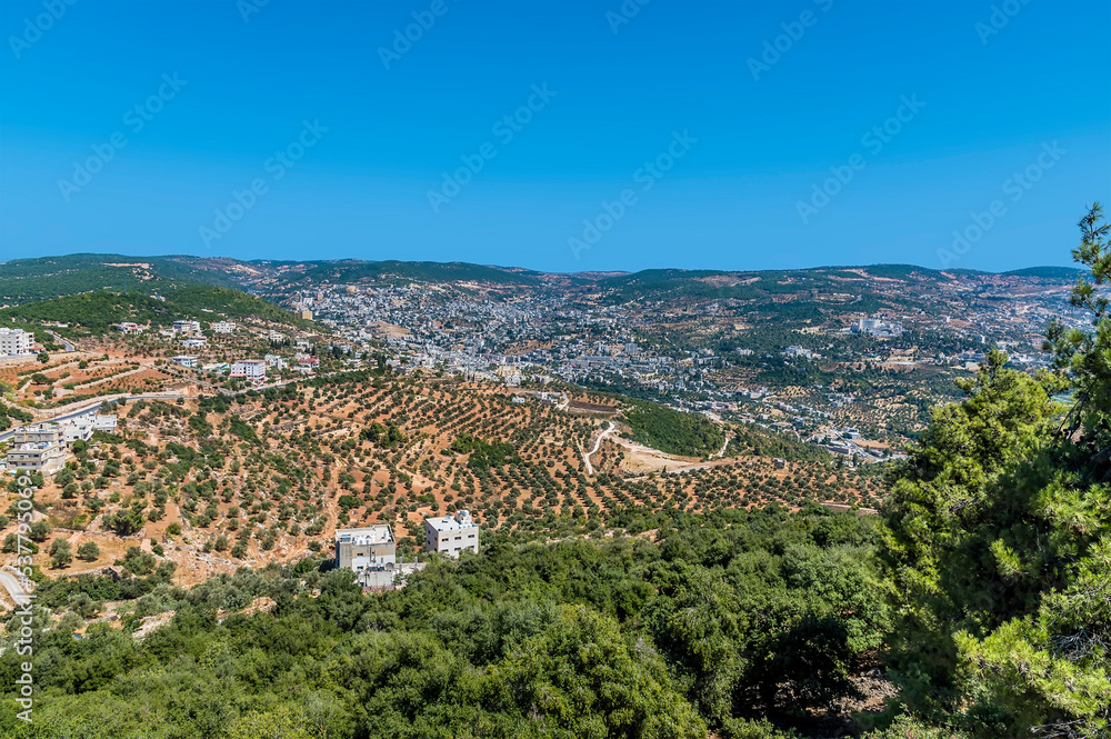 A view across the valley below Ajloun Castle, Jordan in summertime