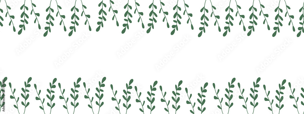 Seamless summer border with green fern leaves in naive style. Decorative floral rectangular vector illustration for placing text, inscriptions, congratulations, etc.
