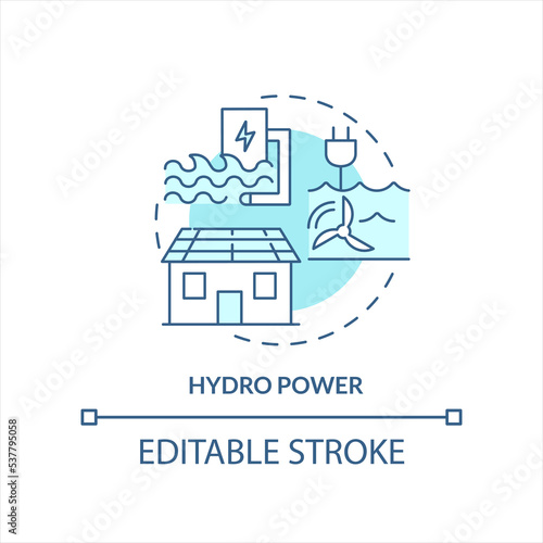 Hydro power turquoise concept icon. Renewable energy. Home with renewable energy abstract idea thin line illustration. Isolated outline drawing. Editable stroke. Arial, Myriad Pro-Bold fonts used