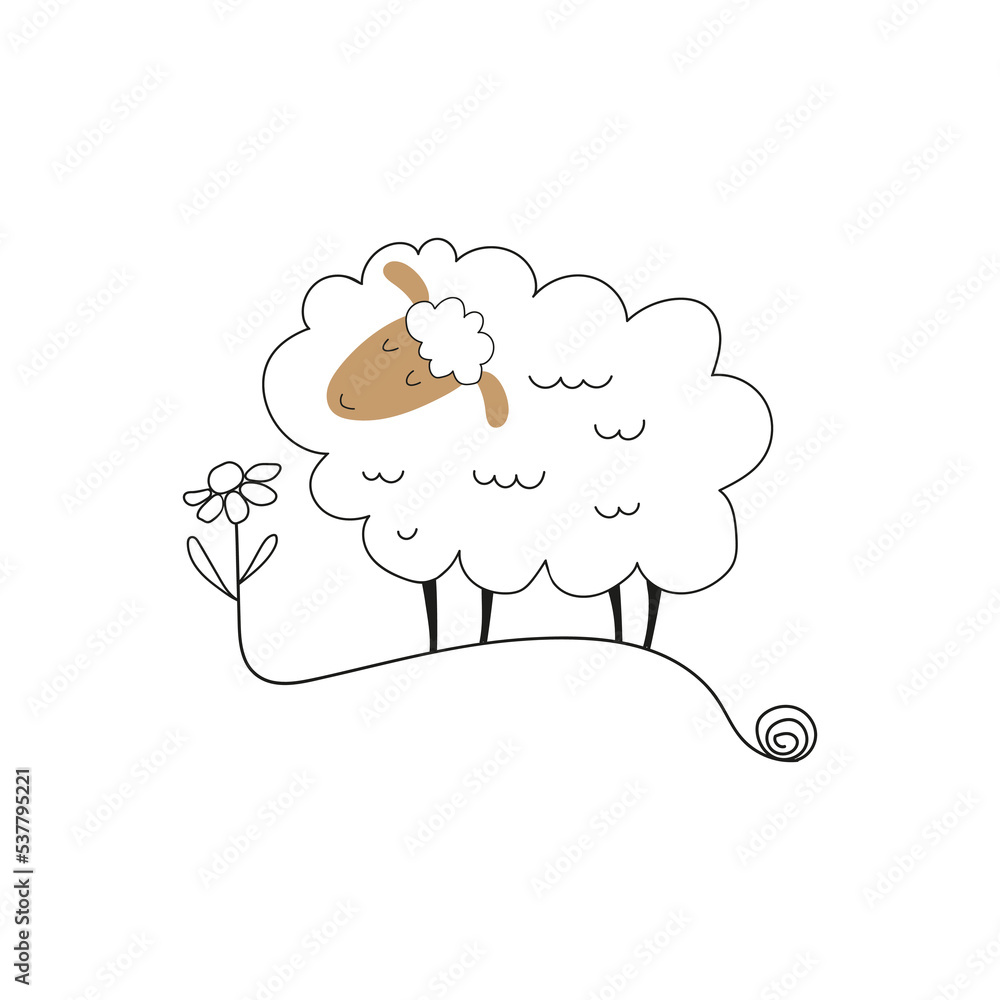 A simple sheep in a linear style with flower. Sheep logo. Vector doodle illustartion. A simple sheep in a linear style with flower. Sheep logo. Vector doodle illustartion.