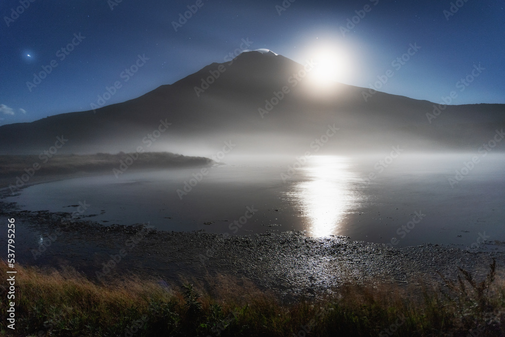 Fototapeta premium Mountain lake, the silhouette of the mountains and the surface of the water, the moon, the sun reflected in the water. Beautiful blue landscape