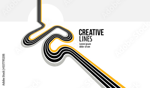 Future lines in 3D perspective vector abstract background, black and yellow linear composition, road to horizon and sky concept, optical illusion op art.