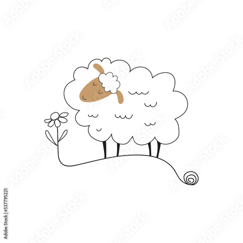 A simple sheep in a linear style with flower. Sheep logo. Vector doodle illustartion.
