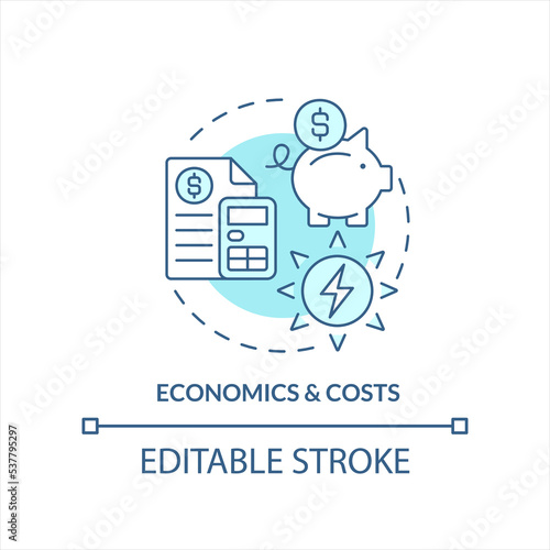 Economics and costs of home renewable energy turquoise concept icon. Eco power bill abstract idea thin line illustration. Isolated outline drawing. Editable stroke. Arial, Myriad Pro-Bold fonts used