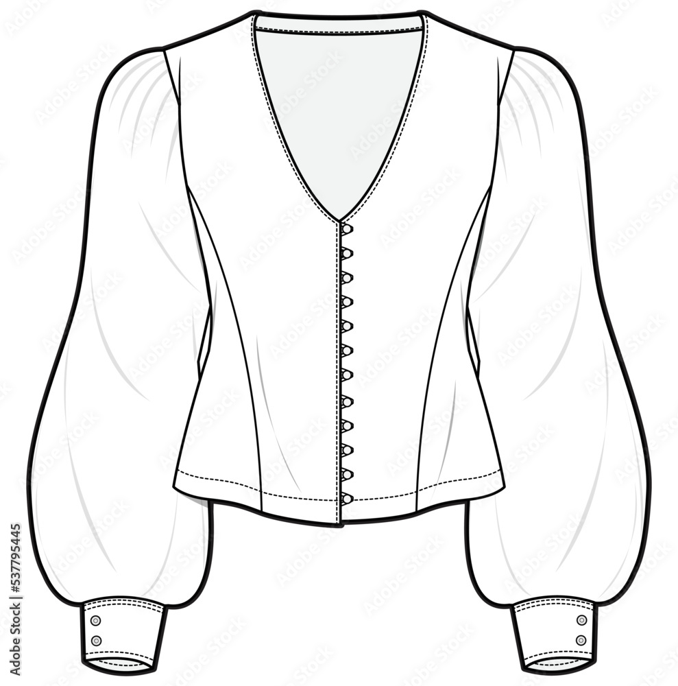 womens long puff sleeve v neck button front blouse top fashion flat sketch vector illustration womens long puff sleeve v neck button front blouse top fashion flat sketch vector illustration