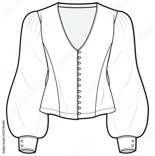 womens long puff sleeve v neck button front blouse top fashion flat sketch vector illustration