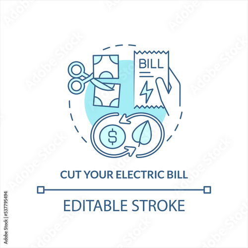 Cut your electric bill turquoise concept icon. Reason for choose renewable energy abstract idea thin line illustration. Isolated outline drawing. Editable stroke. Arial, Myriad Pro-Bold fonts used