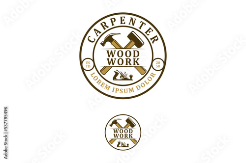 Wood work handyman logo design vintage style rounded shape repair renovation carpenter hammer plane wood icon symbol