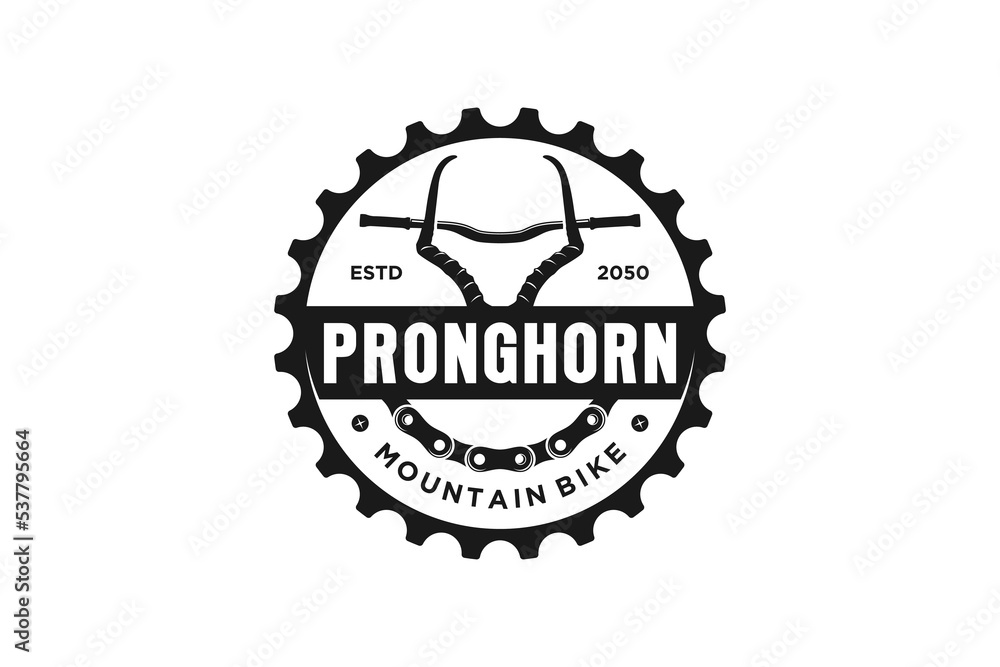 Pronghorn antelope logo cog gear bike icon design sprocket vintage retro label badge style silhouette Pronghorn antelope logo cog gear bike icon design sprocket vintage retro label badge style silhouette