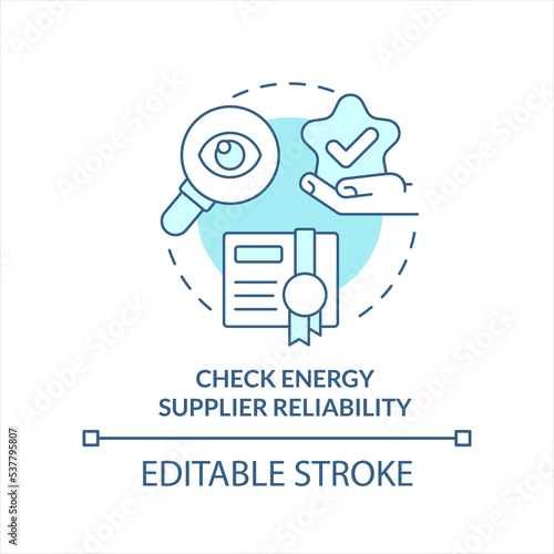 Check energy supplier reliability turquoise concept icon. Pick power supplier factor abstract idea thin line illustration. Isolated outline drawing. Editable stroke. Arial, Myriad Pro-Bold fonts used