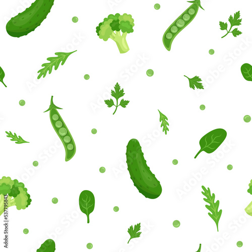 Green vegetables and herbs seamless pattern in flat style on white background. Cucumber, pea, broccoli, parsley, arugula and spinach. Farm or organic healthy food theme. 