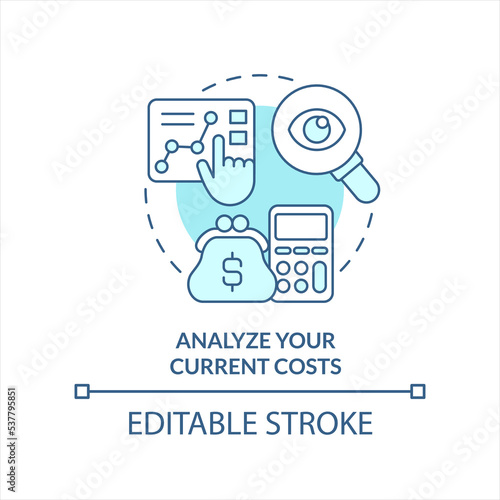 Analyzing current costs turquoise concept icon. Eco power. Pick green supplier factor abstract idea thin line illustration. Isolated outline drawing. Editable stroke. Arial, Myriad Pro-Bold fonts used