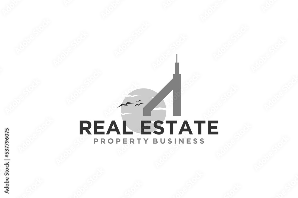 Real estate logo house skyscraper roof window design silhouette city sunset scene property icon building Real estate logo house skyscraper roof window design silhouette city sunset scene property icon building