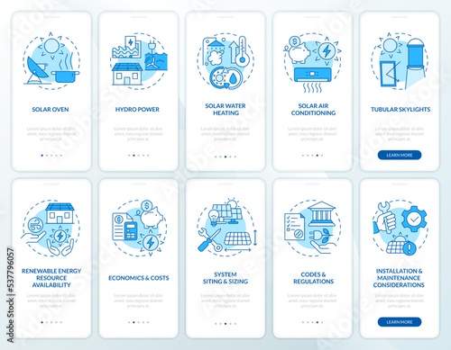Setup alternative energy blue onboarding mobile app screen set. Walkthrough 5 steps editable graphic instructions with linear concepts. UI, UX, GUI template. Myriad Pro-Bold, Regular fonts used