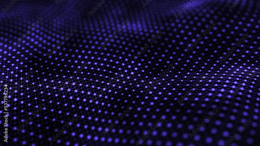 Digital wave with dots and lines on the dark background. The futuristic abstract structure of network connection. Big data visualization. 3D rendering. Digital wave with dots and lines on the dark background. The futuristic abstract structure of network connection. Big data visualization. 3D rendering.