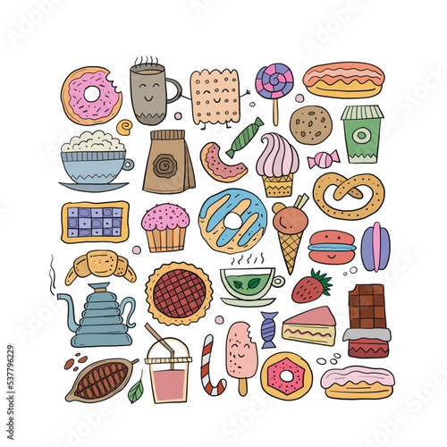 Coffee shop menu elements. Desserts and sweets. Hand drawn sketch for your de...