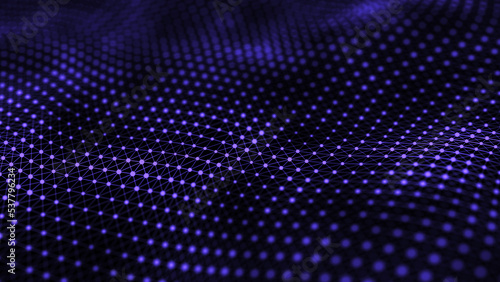 Digital wave with dots and lines on the dark background. The futuristic abstract structure of network connection. Big data visualization. 3D rendering.