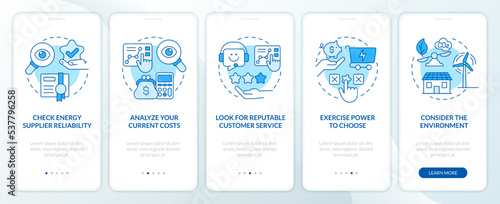 Choosing energy provider factors blue onboarding mobile app screen. Walkthrough 5 steps editable graphic instructions with linear concepts. UI, UX, GUI template. Myriad Pro-Bold, Regular fonts used