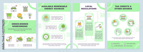 Renewable energy at home brochure template. Eco house. Leaflet design with linear icons. Editable 4 vector layouts for presentation, annual reports. Arial-Black, Myriad Pro-Regular fonts used