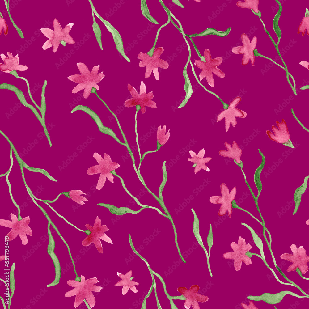 Little flowers watercolor painting - hand drawn seamless pattern on dark vibrant pink color