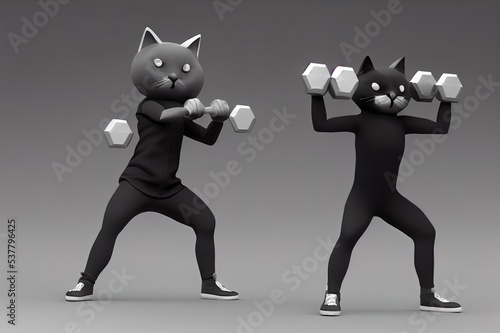 Gray anthropomorphic cat holding two dumbbells in hands doing the lateral raise exercise. 3d render isolated on white