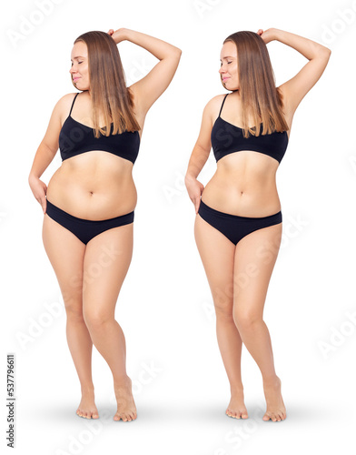 Young woman before and after weight loss. Health care concept.