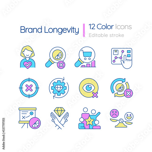 Brand longevity RGB color icons set. Products and service lifecycle improvement. Isolated vector illustrations. Simple filled line drawings collection. Editable stroke. Quicksand-Light font used