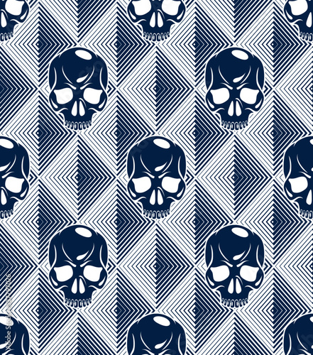 Seamless skulls background, vector pattern with crazy sculls, horror and death theme, Hard Rock and Rock N Roll subculture prints textile, hazard and danger.