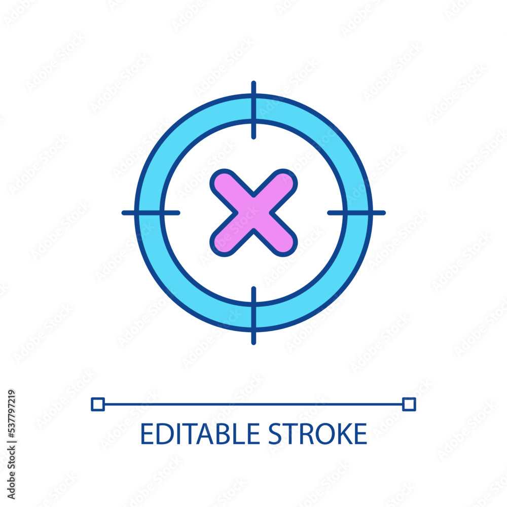 Wrong target RGB color icon. Goal out of focus. Problem with business planning. Marketing issues. Isolated vector illustration. Simple filled line drawing. Editable stroke. Arial font used Wrong target RGB color icon. Goal out of focus. Problem with business planning. Marketing issues. Isolated vector illustration. Simple filled line drawing. Editable stroke. Arial font used