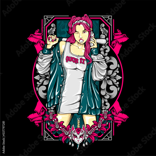 girl holding baseball bat illustration