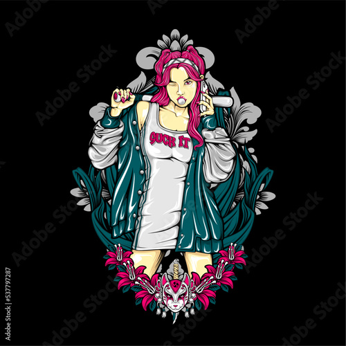 girl holding baseball bat illustration