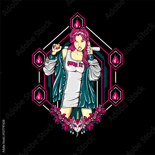 girl holding baseball bat illustration