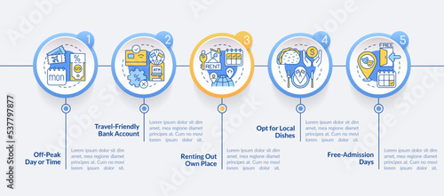 Reduce travel costs circle infographic template. Save money tips. Data visualization with 5 steps. Editable timeline info chart. Workflow layout with line icons. Lato Bold, Regular fonts used