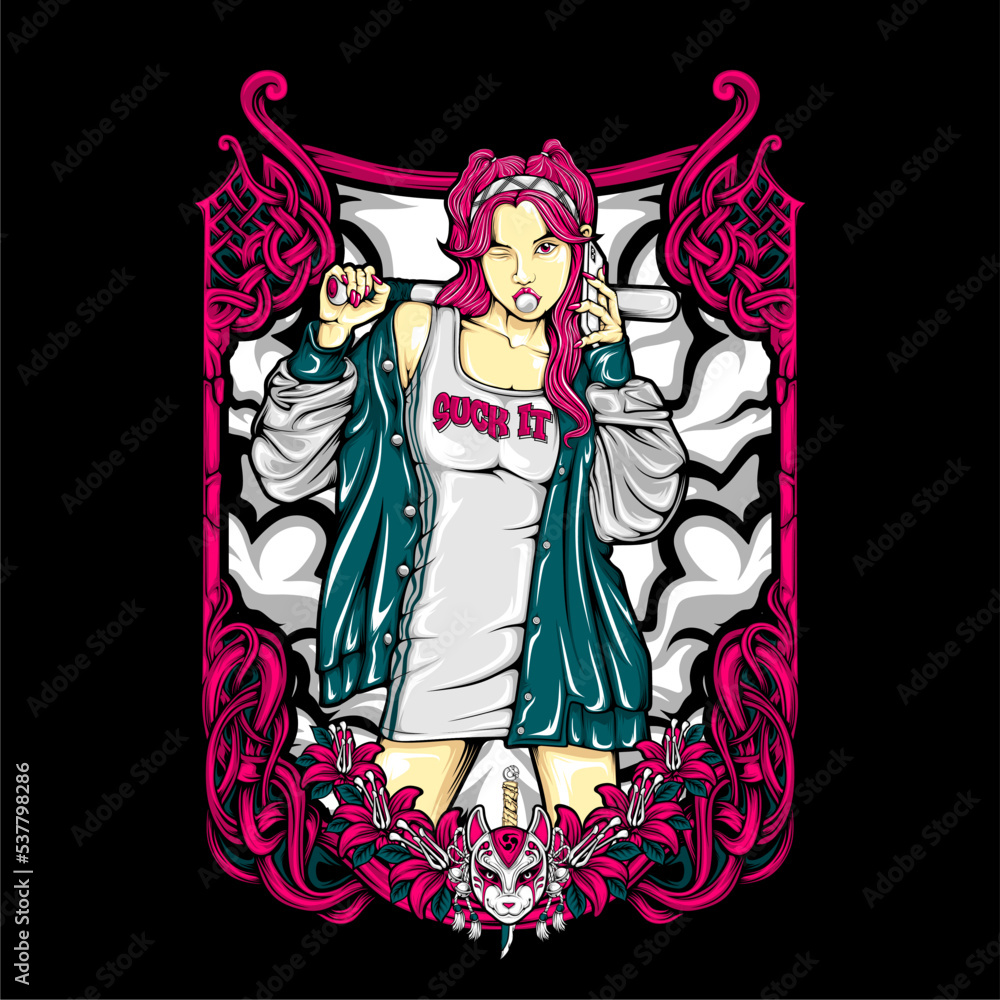 Obraz premium girl holding baseball bat illustration for t shirt design