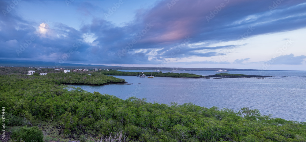 View of Puerto Ayora harbour from one of the overlooks located at Las Grietas, at Santa Cruz Island, Galapagos, Ecuador