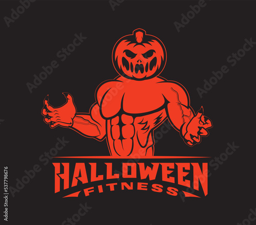 Halloween bodybuilder vector pumpkin, logo design, vector illustration