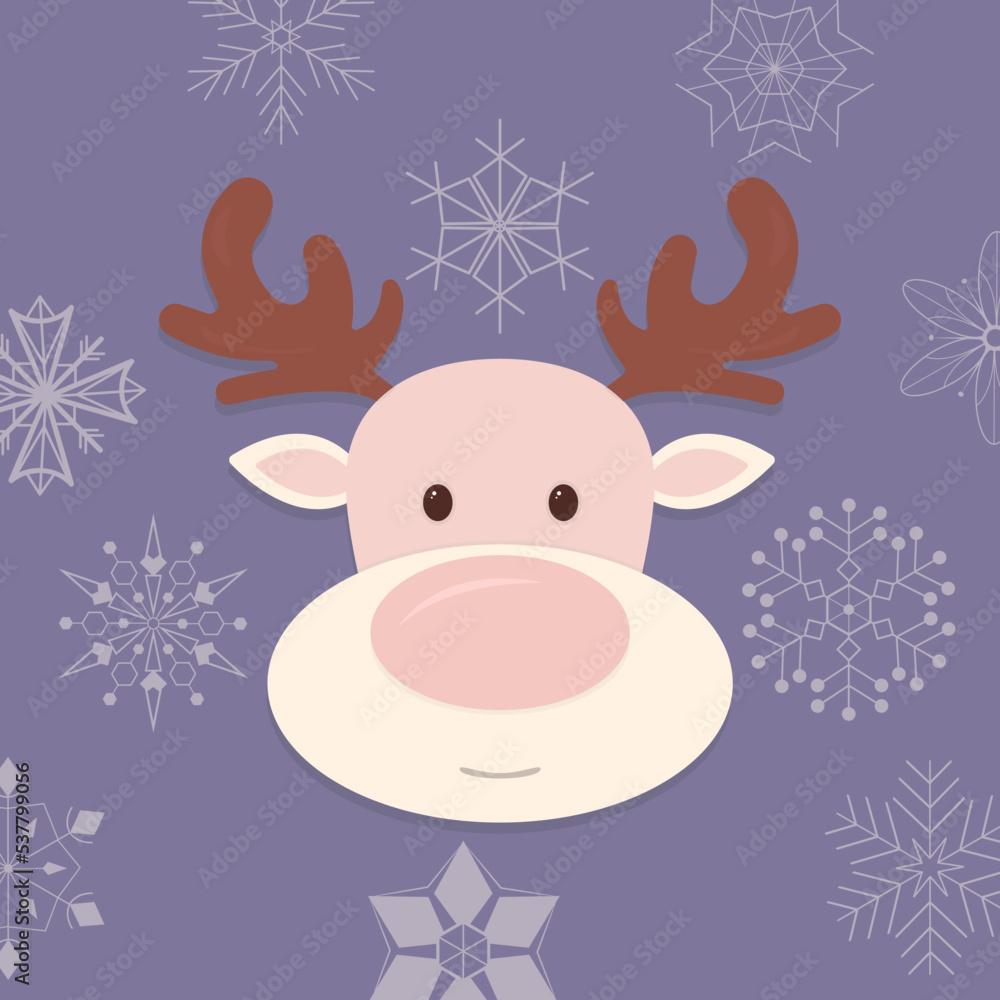 Christmas postcard with cute deer and snowflakes on dark blue background Christmas postcard with cute deer and snowflakes on dark blue background