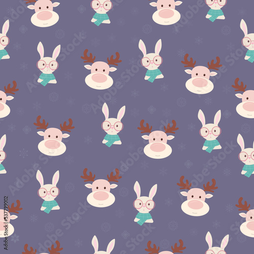 Pattern with cute bunny on glasses and funny deer with snowflakes on dark blue background
