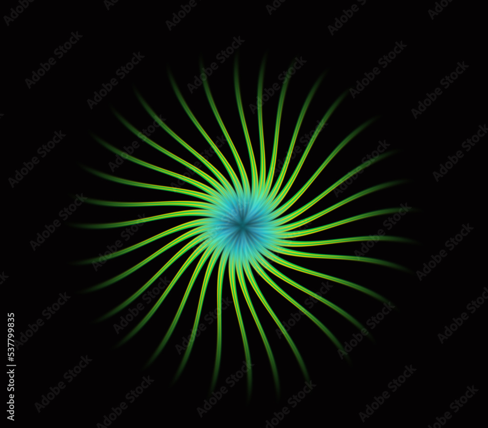 Fototapeta premium Abstract floral black background, a beautiful art form. Design stars spinning in space. Black background. Modern concept backdrop in light green and blue.