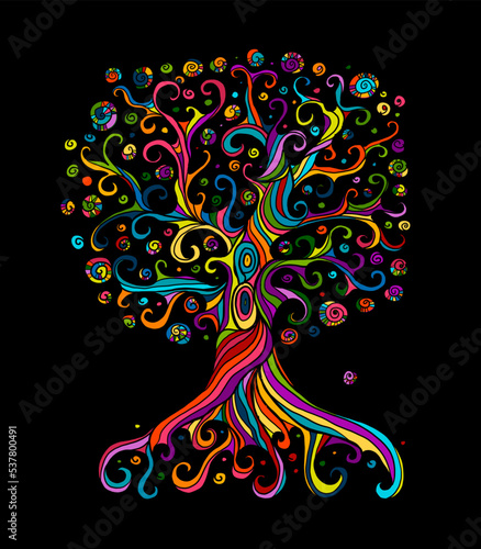 Old big family tree with roots. Isolated on white background. Concept Art for your design. Design interior ideas.