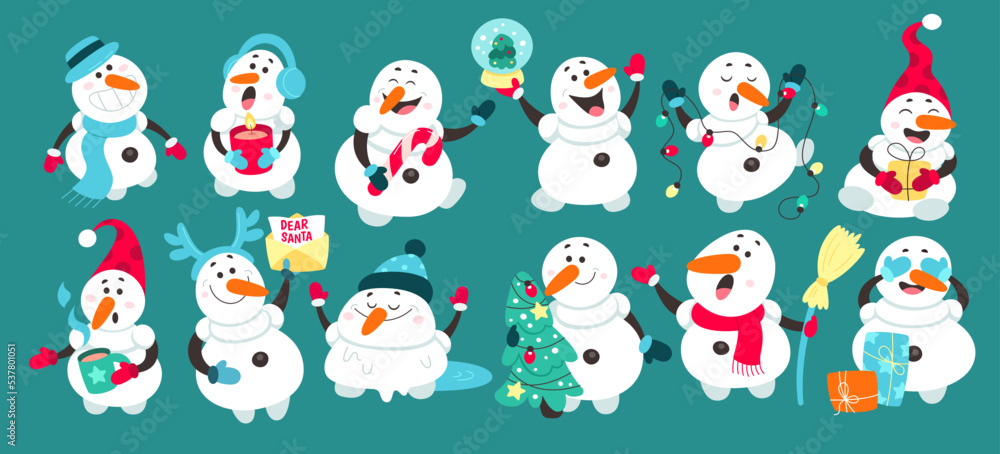 Funny snowmen flat icons set. Typical winter Christmas decorations. Snowman with broom, letter and hot tea. Evergreen tree with toys, presents and sweets for celebration. Color isolated illustrations Funny snowmen flat icons set. Typical winter Christmas decorations. Snowman with broom, letter and hot tea. Evergreen tree with toys, presents and sweets for celebration. Color isolated illustrations