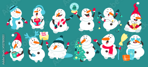 Funny snowmen flat icons set. Typical winter Christmas decorations. Snowman with broom, letter and hot tea. Evergreen tree with toys, presents and sweets for celebration. Color isolated illustrations