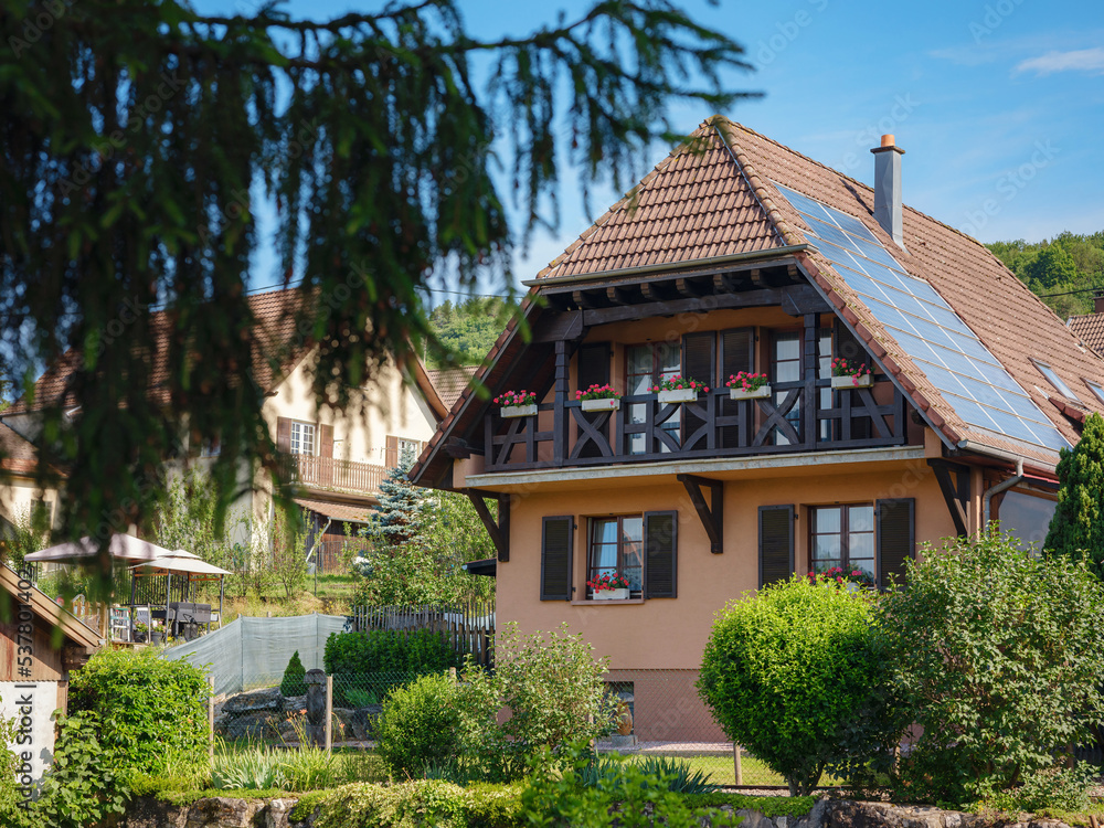 Walshwiller is commune in north-east of France in Grand Est region, house with solar panel, energy saving and renewable energy concept Walshwiller is commune in north-east of France in Grand Est region, house with solar panel, energy saving and renewable energy concept