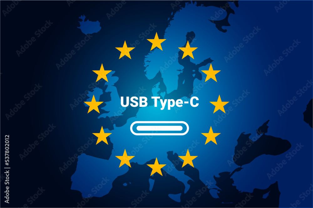 USB-C device cable charger in EU ( Europe Union). USB type-C connector icon on blue map and flag of europe. Vector illustration background