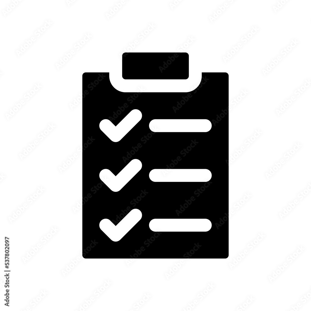 Checklist black glyph ui icon. Wellness to do list. Questions form. Feedback. User interface design. Silhouette symbol on white space. Solid pictogram for web, mobile. Isolated vector illustration Checklist black glyph ui icon. Wellness to do list. Questions form. Feedback. User interface design. Silhouette symbol on white space. Solid pictogram for web, mobile. Isolated vector illustration