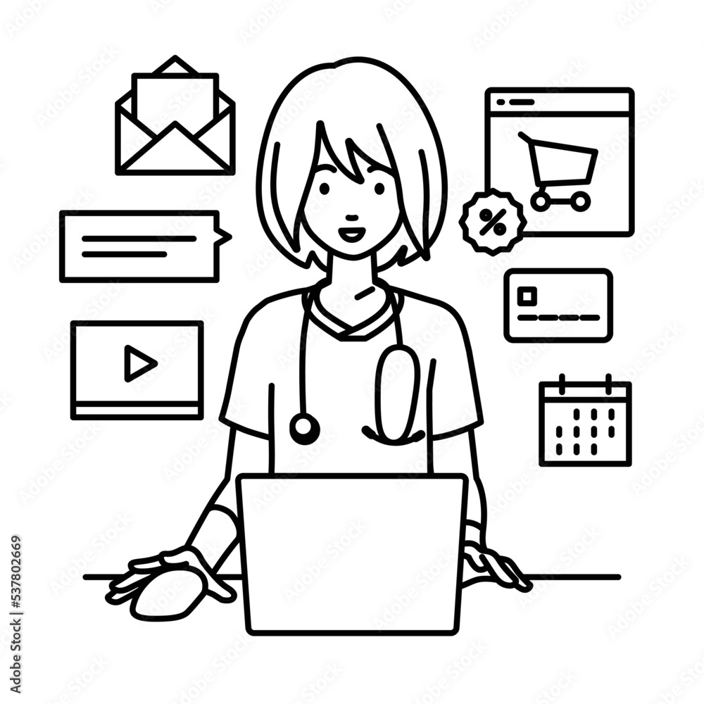デスクで座ってPCでネットショップやマーケティングの仕事をしている看護師の女性