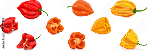 Whole and quarter of habanero. Red, orange, and yellow habanero chili peppers. Capsicum chinense. Hot chili pepper. Fresh organic vegetables. Vector illustration isolated on white background.